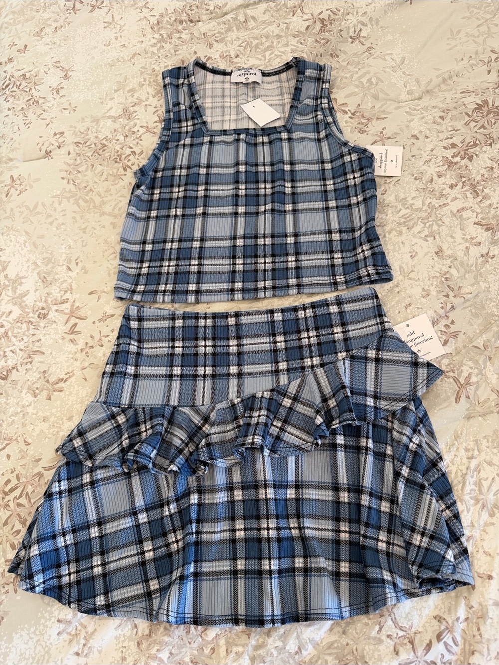 Girls Blue Plaid Tank Top & Ruffle Skirt Set - Lightweight Summer Outfit